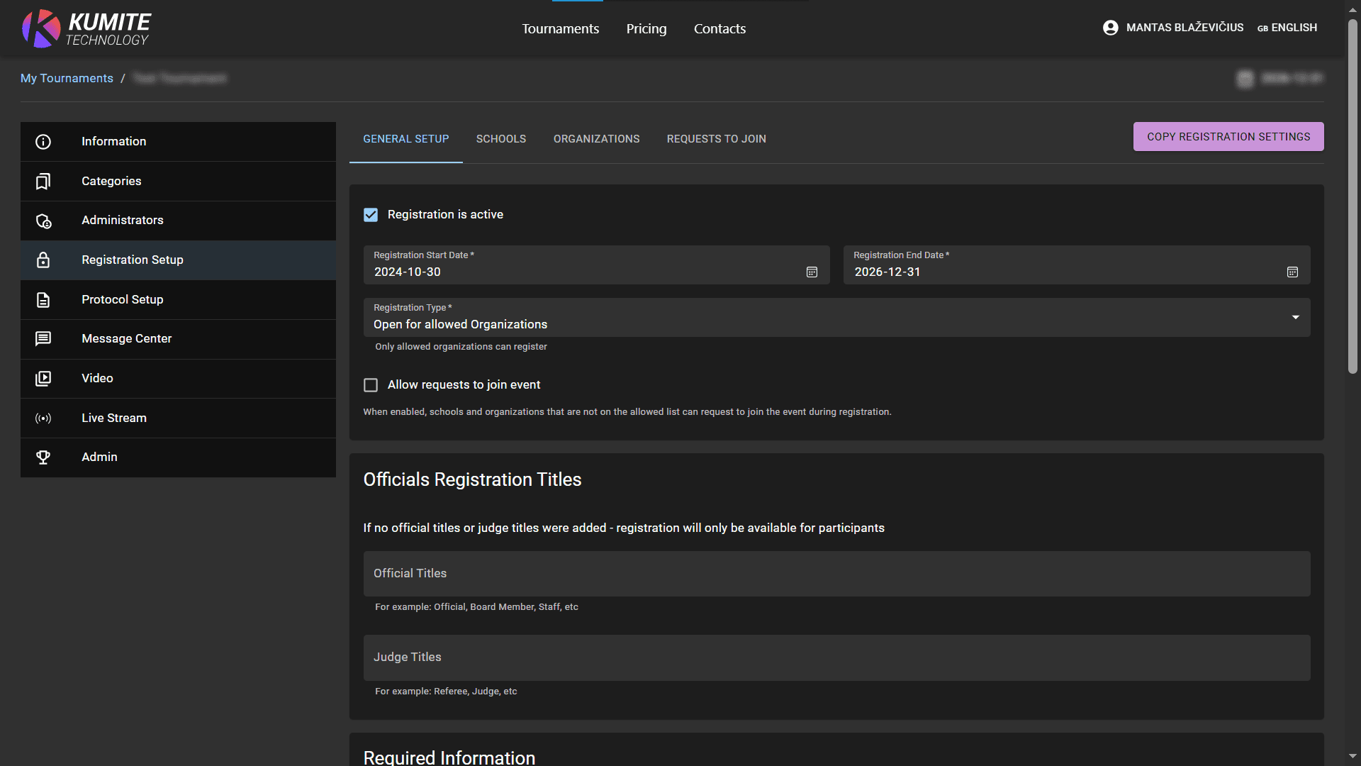 Форма Настройки Регистрации