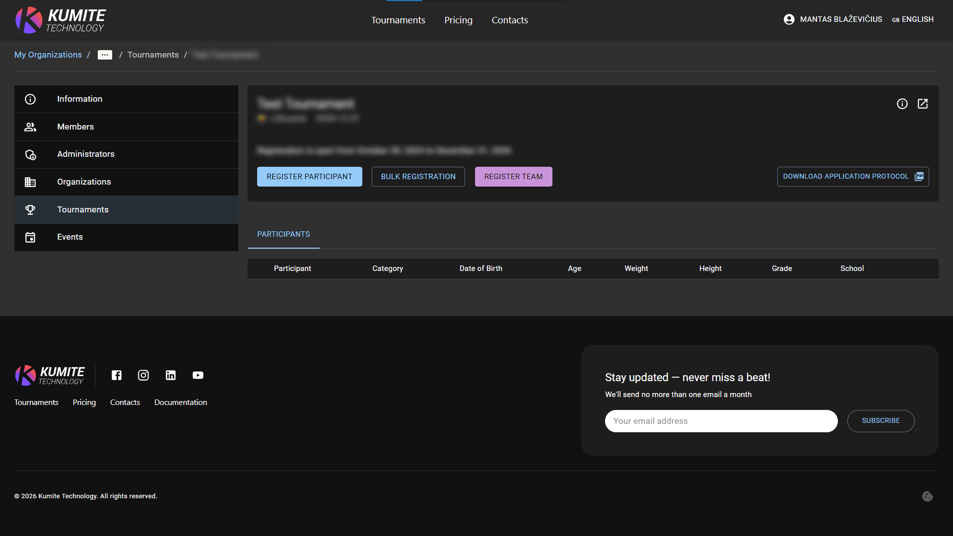 Выбор Турнира и Регистрация Участника