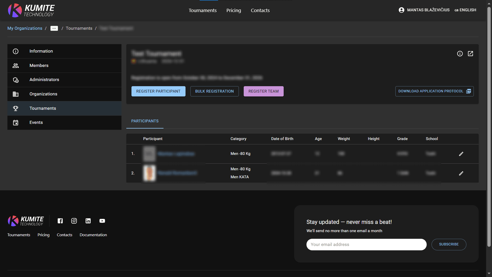 Навигация по странице турнира